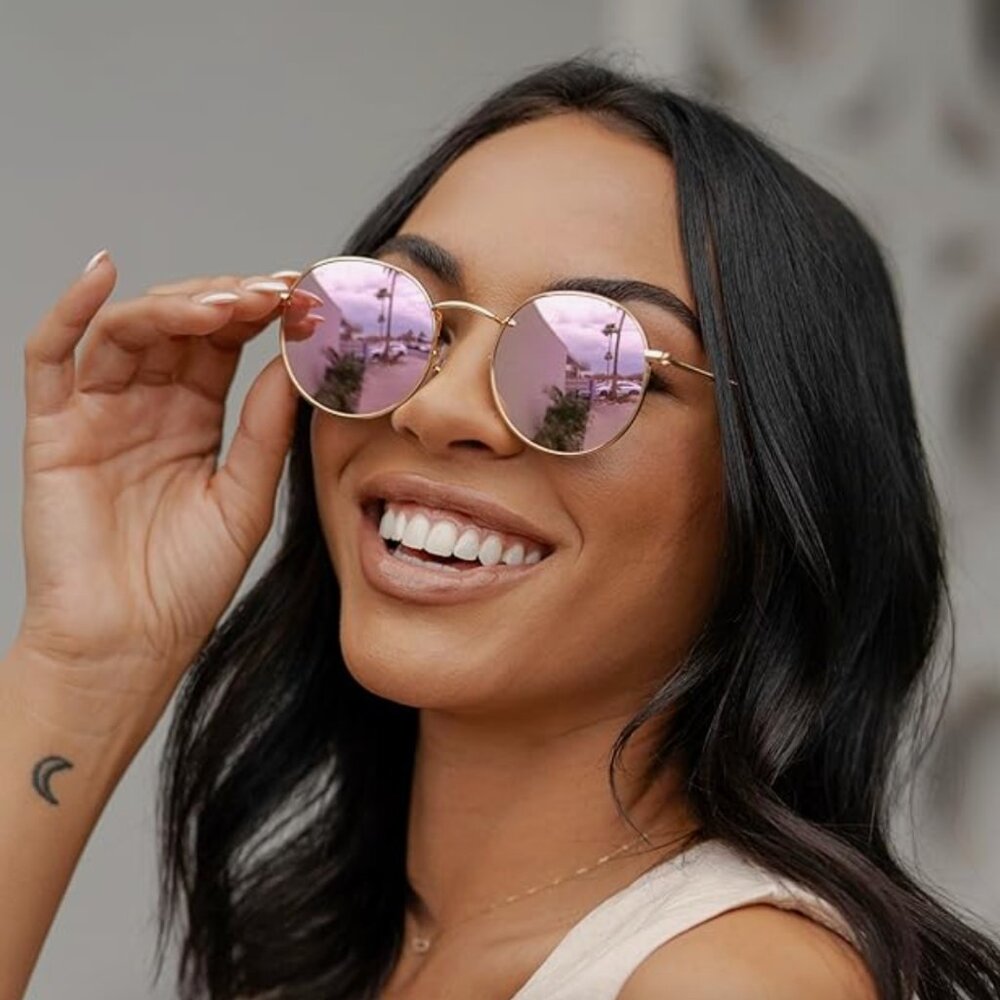 New Women's Pink Reflective Lens with Gold Frame Round Trendy Sunglasses